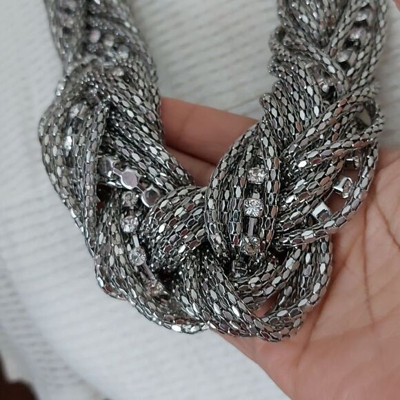 Chico's Chunky Braided Silver Tone Mesh Chains and Rhinestones Strands Necklace - Picture 4 of 7